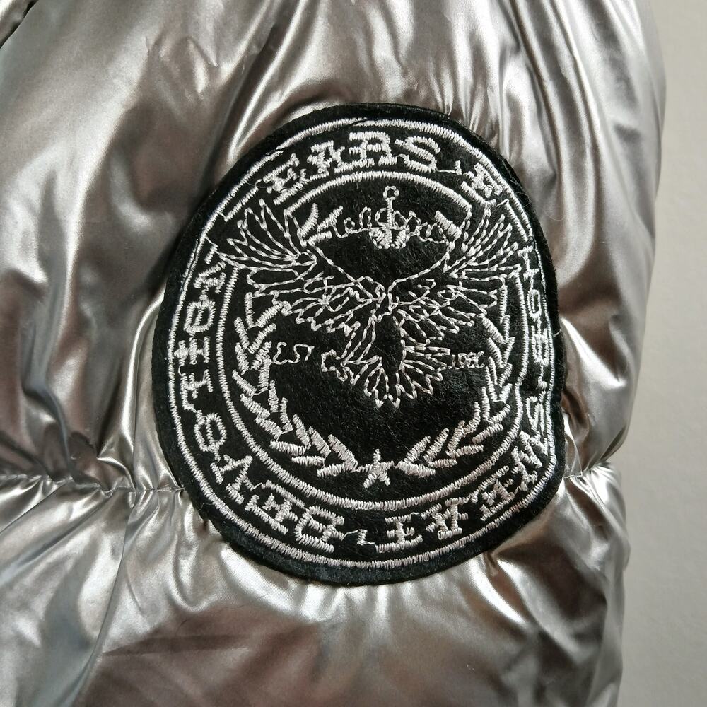 Metallic Silver Hooded Puffer Coat Large warm winter maximalism long line jacket - Picture 7 of 13